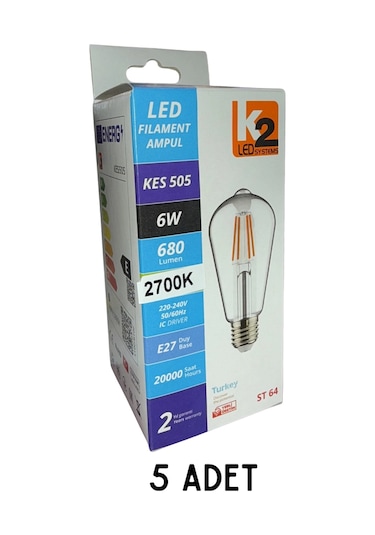 K2 Kes505 Led Filament Ampul 6w E27 Duy Günışığı - 5 Li Paket