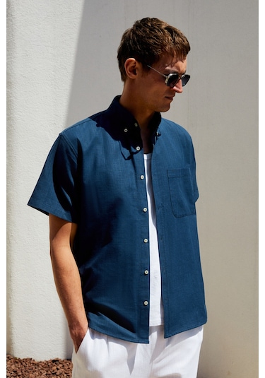 PASSI Erkek Kısa Kollu Tek Cepli Rahat Kesim Relaxed Fit Lacivert Gömlek
