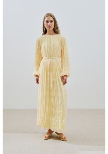 Piliseli Şifon Elbise Soft Sarı Soft Sarı