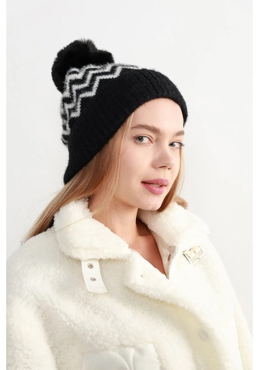 Zigzag Desenli Kadın Bere Rkş-19 Beyaz Siyah Siyah