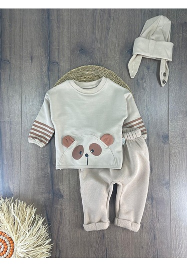 Oversize Şerit Detaylı Yumuşak Doku Bereli Erkek Bebek 3'lü Takım Krem