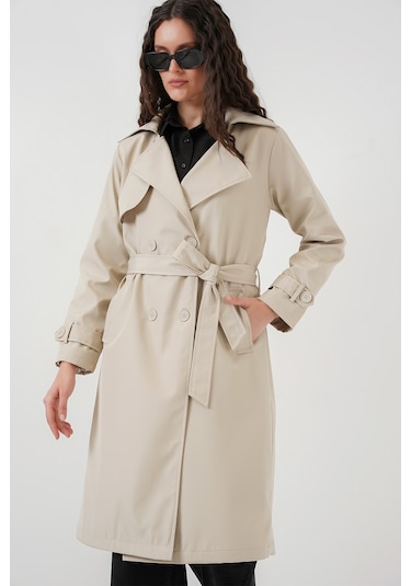 5918 Kruvaze Yaka Trençkot - Bej Bej