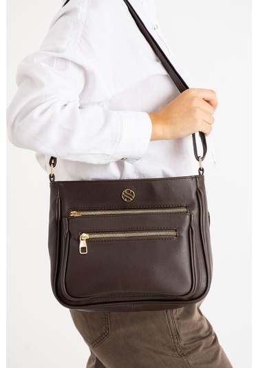 Kadın Ayarlanabilir Çapraz Askılı, Dört Cepli Kahverengi Omuz Çantası-84