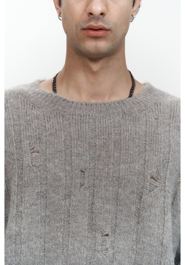 Vincent Yırtık Detay Boz Kahve Erkek Triko Kazak Kahverengi Melanj