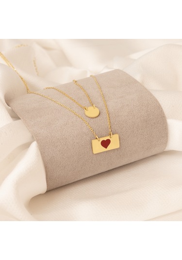 Dkmn Gümüş İkili Mineli Dikdörtgen Kalpve Yuvarlak Kolye