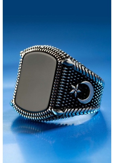 Erkek Ay Yıldızlı Siyah Oniks Taşlı Özel Tasarım 925 Ayar Gümüş Yüzük Şık Model