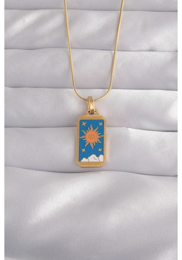 316l Çelik Gold Renk Mavi Mineli Güneş Model Tarot Kolye Altin