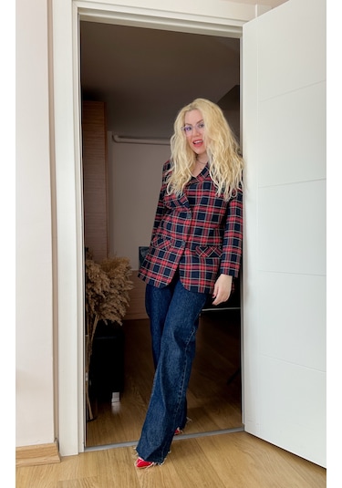 Modaonna Ekose Desen Kırmızı Blazer Ceket Kırmızı