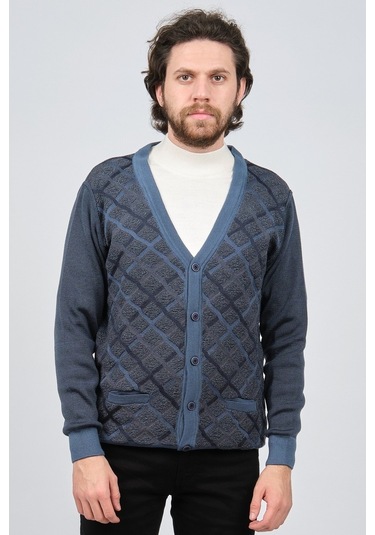 Çizgi Triko Erkek Cep Detaylı Desenli Hırka 42534235 Mavi-Mavi