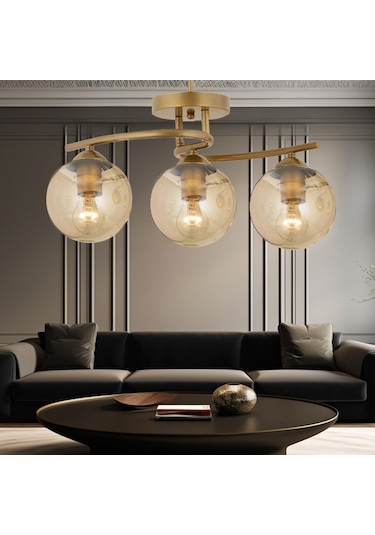 Elite 3 Başlıklı Eskitme Balon Camlı Salon Avize