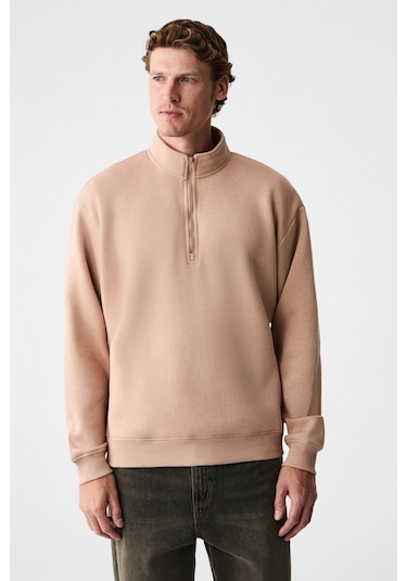 Grimelange Baxter Erkek Dik Yakalı Fermuarlı Relaxed Vizon Sweatshirt Vizon