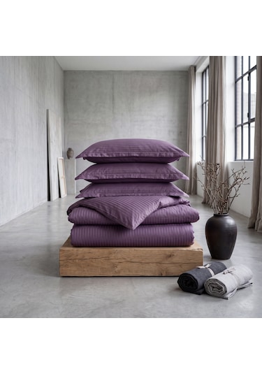 Goldroom Home Çizgili Pamuk Saten Çift Kişilik Nevresim Takımı Açık Mürdüm