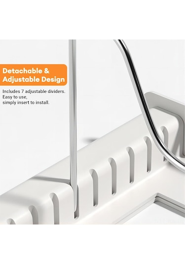 Kangvka Beyaz Genişletilebilir Tencere Dolabı Rafı - 7 Ayarlanabilir Bölmeli Çelik Yapı 12-22 İnç Beyaz