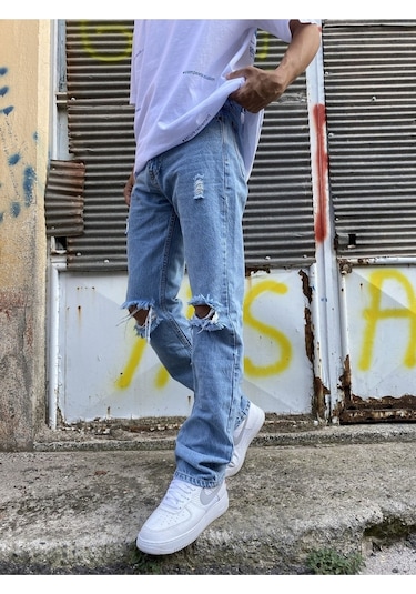 Kot Rengi Dizi Yırtık Baggy Jean-Erkek Kot Mavi