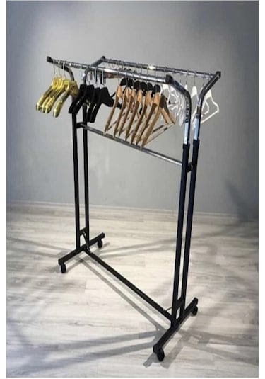 Teknor V Ayarlı Paslanmaz Metal Konfeksiyon Elbise Askılık Tekerlekli Portatif Askılık Siyah