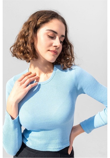 Gri Uzun Kollu Fitilli Bluz Crop Örme T-shirt Bebe Mavisi