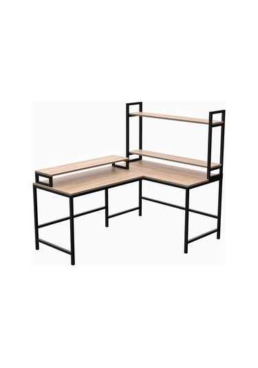 Ebru Raflı L Şekilli Ofis Masası -610-e Meşe