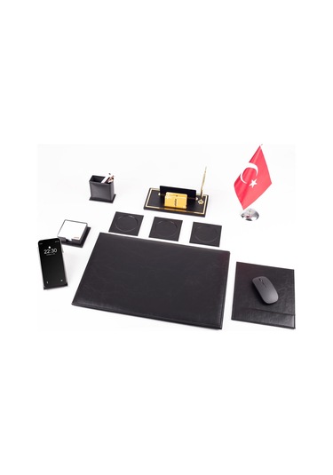 Optima 10 Parça Türk Bayraklı Siyah Deri Sümen Seti Takımı Gold Kalem Ofis Masa İsimliği İsimlik