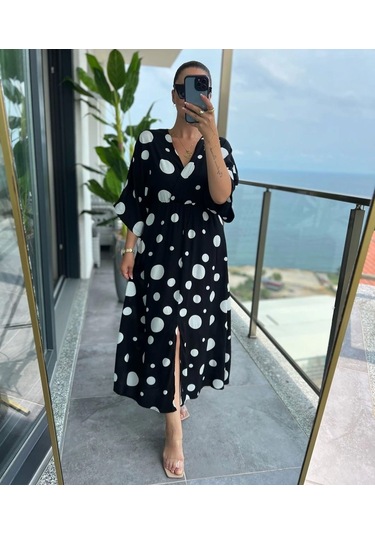 Kadın Puantiyeli Kruvaze Uzun Elbise Desenli