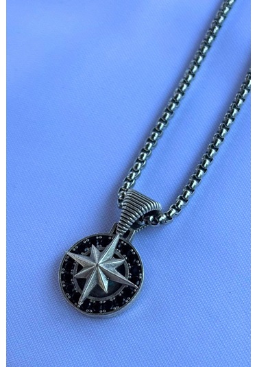 Pusula El İşçiliği Paslanmaz Çelik Zincir Erkek Kolye Gri