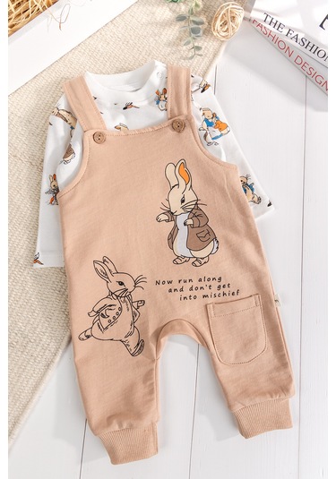 Babymod Tavşan Fiğürlü 2'li Erkek Bebek Salopet Tulum Bej