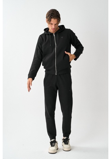 Dechers Tech Fleece Double Face Kapüşonlu Erkek Eşofman Takım E213-1 Siyah