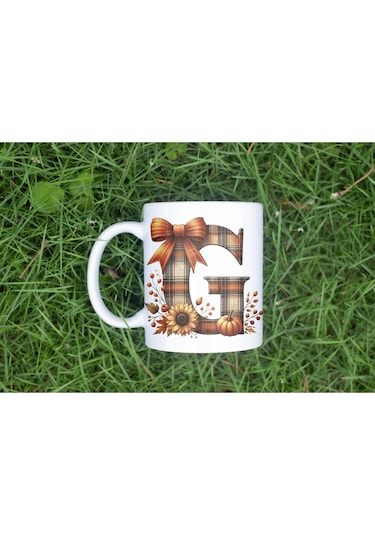 G Harfi Ekose Ve Sonbahar Temalı Kupa Bardak - Kişiye Özel Sıcak Tonlar Alfabe Kupa - Hediye Beyaz