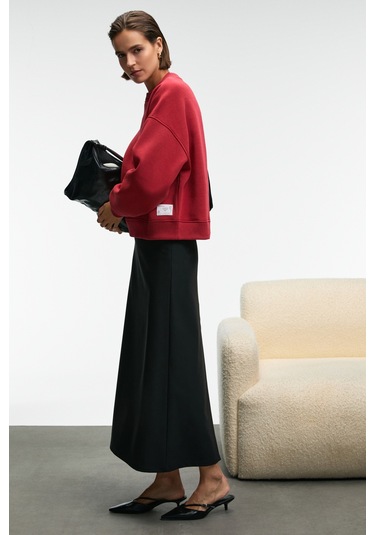 Grımelange Serenya Kadın Pamuklu Etiket Detaylı Bisiklet Yaka Kırmızı Sweatshirt Kırmızı