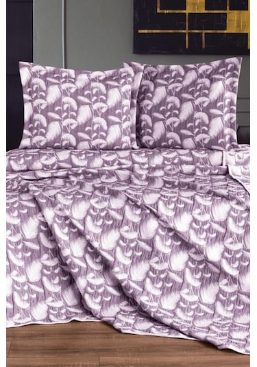 Çeyiz Diyarı Çift Kişilik Palmiye Çift Taraflı Yatak Örtüsü Takımı Mürdüm Mürdüm