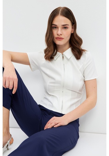 Stella Pulvis Beyaz Fermuarlı Slim Fit Kuplu Bluz Beyaz
