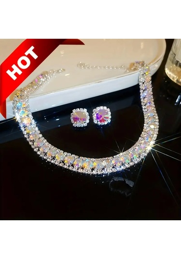 Kristal Kolye & S925 Gümüş Çivili Küpe Çok Renkli