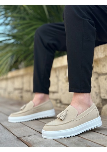 Pabucmarketi Bağcıksız Püsküllü Keten Erkek Ayakkabı Krem Beyaz Taban Çok Renkli