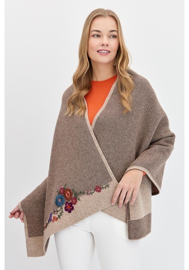 Desen Triko Kadın Çiçek İşlemeli Triko Şal 23154 K. Bej K. Bej Koyu Bej