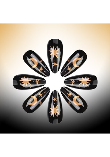 Yeni Tatlı Ve Havalı Siyah Yıldız Ay Badem Şeklinde Takılabilir Tırnak 24 Parça Çıkarılabilir Premium Siyah Altın Tırnak Sanatı Aletler Dahil Ys570