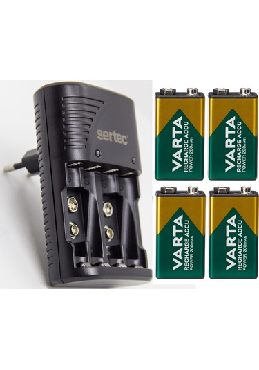 Sertec STC-9V Pil Şarj Cihazı + Varta 9V Şarjlı Pil 4'lü