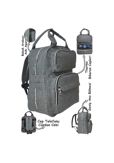 Bebek Bakım Çantası Organizatör Fonksiyonel Anne Bebek Bakım Sırt Çantası Gri-grey Gri