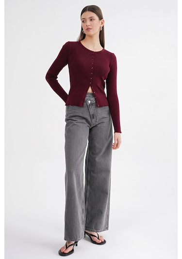 6931 Kadın Düğmeli Fitilli Triko Hırka Bordo Bordo