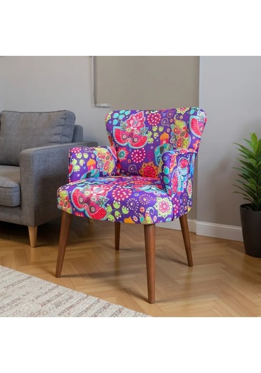 Roma Modern Tekli Koltuk Berjer - Dijital Baskılı Kumaş - Ahşap Ayak - Filli Desen Filli