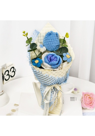 Hediye Yün Buket Lale Örme Çiçek El Diy Dokuma Puflar Anne Bayan Arkadaş Göndermek İçin Açık Mavi