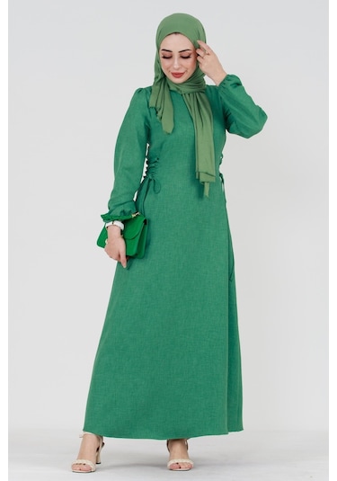 Yanı Bağcıklı Keten Elbise-yeşil-3369-kiremit Kiremit