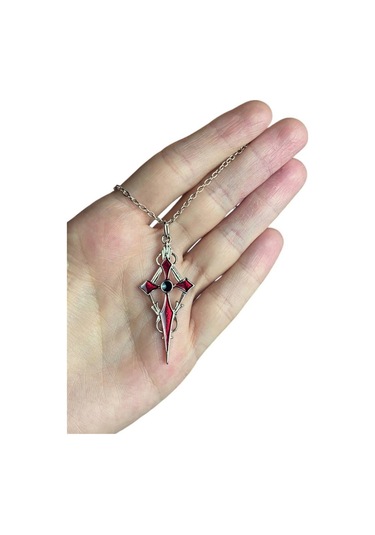 Gümüş Kaplama Kırmızı Mineli Gotik Haç Kolye