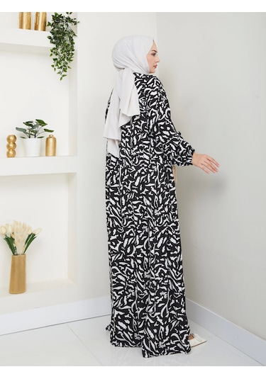 Desenli Önü Büzgülü Viskon Elbise - Siyah / E0131 Siyah