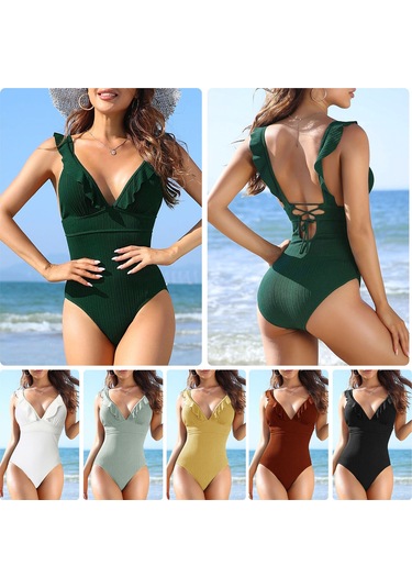 Mufunye Bayanlar İçin Siyah Tek Parça Mayo, Derin V Yaka, Paspas Detaylı, Sırt Bağcıklı, Slim Fit, Asya Beden L Siyah