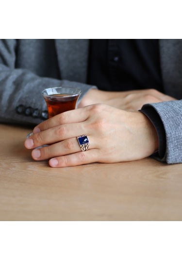 Zincir Tasarım Faset Mavi Zirkon Taşlı 925 Ayar Gümüş Erkek Yüzük (457819339)