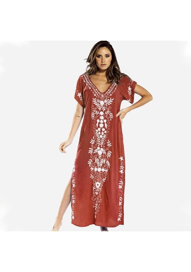 Kırmızı Edolynsa Nakış Plaj Cover Up Saida De Praia Mayo Kadın Bikini Cover Up Tunikler Plaj Pareo Sarong Beachwear Q790 Kırmızı