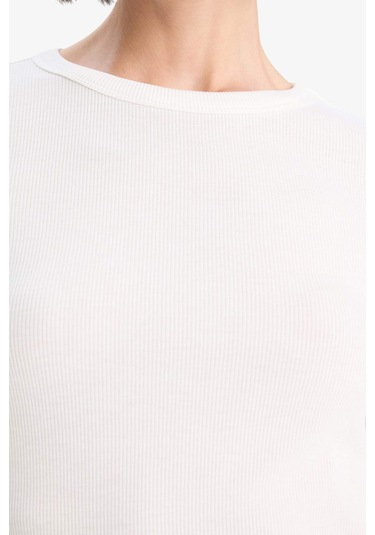 Defacto Slim Fit Dar Kesim Basic Düz Fitilli Kaşkorse Uzun Kollu Tişört E5767ax25auer105 Ekru