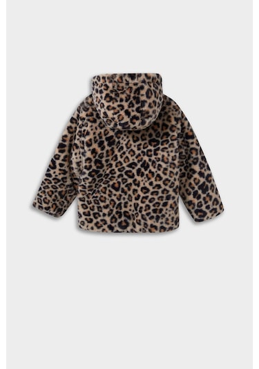 Defacto Kız Bebek Kapüşonlu Leopar Desenli Fermuarlı Pelüş Mont E7993a525aubg744 Bej