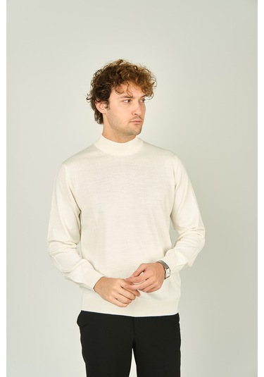 Ateş Triko Erkek Yarım Balıkçı Yaka Yün Kazak 0004 Kemik Kemik