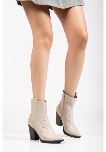 117 Bej Kovboy Dikiş Detaylı Fermuarlı Yüksek Topuklu Günlük... Bej