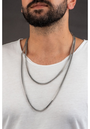 So Chic Çift Sıra Örgü Model 75 Cm Çelik Erkek Kolye Beyaz